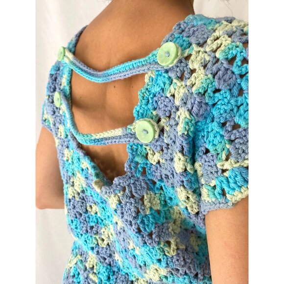 70s vintage blue hand knit hippy granny hippy thick crochet fringed midi dress - Picture 5 of 8